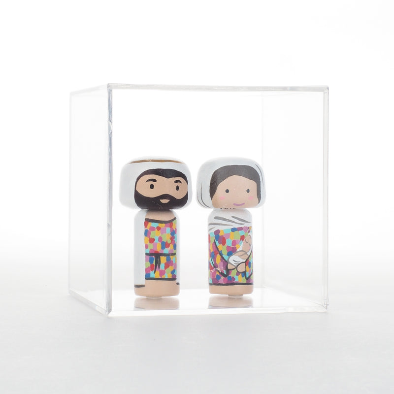 Jesus is the gift!  Christmas is all about Him.  To honour this special season, I am pleased to introduce this nativity set to celebrate the birth of Jesus.  This tiny nativity set include Baby Jesus with Mary, Joseph.  The colourful attires of Mary and Joseph are inspired by the beautiful stained glass of churches.  The 2 tiny Kokeshi dolls (Baby Jesus with Mary and Joseph) are 6cm or approximately 2.4" tall, they are less than half of the sizes of our large Kokeshi dolls.