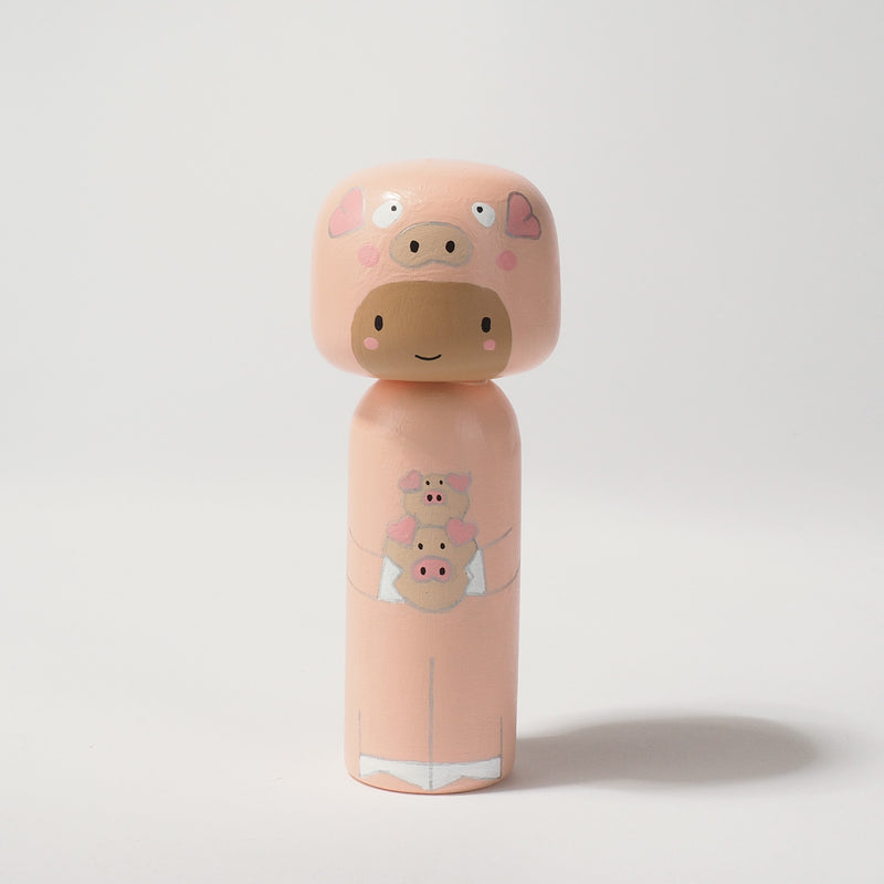 Kokeshi doll in Pig costume!  This cute piggy doll will warm your heart or your someone special.  Perfect gift for anyone who are in love with piggy!   All dolls are hand-painted with love.  Collect them all, other animals are also available.