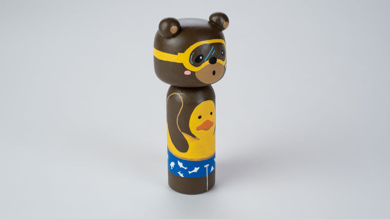 Teddy Bear in rubber ducky - wooden Kokeshi Doll