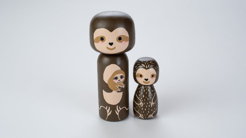 Sloth and baby sloth wooden Kokeshi doll