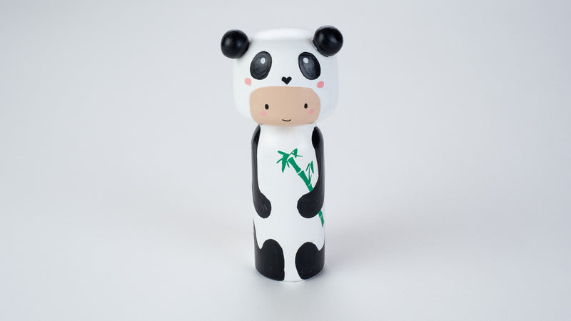 Kokeshi doll in Panda costume!  This cute panda doll will warm your heart or your special someone.  Perfect gift for anyone who are in love with panda!   All dolls are hand-painted with love.  Collect them all, other animals are also available.