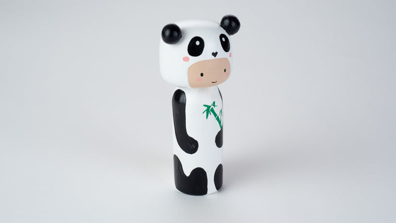 Kokeshi doll in Panda costume!  This cute panda doll will warm your heart or your special someone.  Perfect gift for anyone who are in love with panda!   All dolls are hand-painted with love.  Collect them all, other animals are also available.