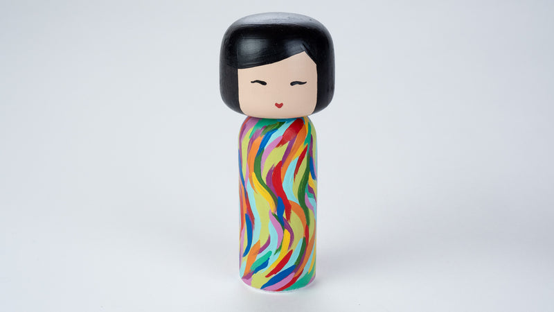 Hand-painted Japanese wooden Kokeshi doll! This cute Japanese vibrant-coloured doll will warm your heart or your someone special.  All dolls are hand-painted with love.