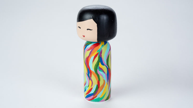 Hand-painted Japanese wooden Kokeshi doll! This cute Japanese vibrant-coloured doll will warm your heart or your someone special.  All dolls are hand-painted with love.