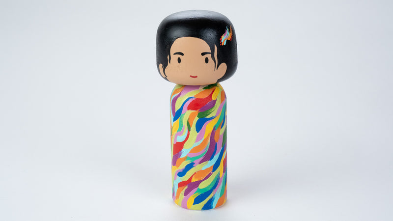 Hand-painted Japanese wooden Kokeshi doll! This cute Japanese vibrant-coloured doll will warm your heart or your someone special.  All dolls are hand-painted with love.