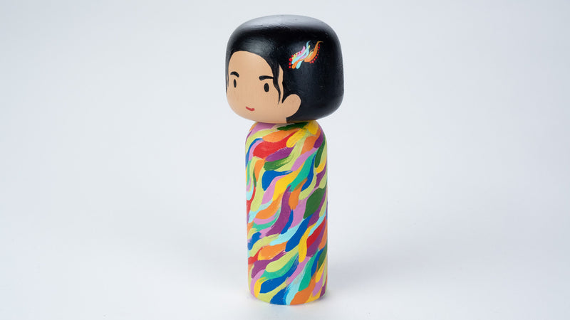 Hand-painted Japanese wooden Kokeshi doll! This cute Japanese vibrant-coloured doll will warm your heart or your someone special.  All dolls are hand-painted with love.