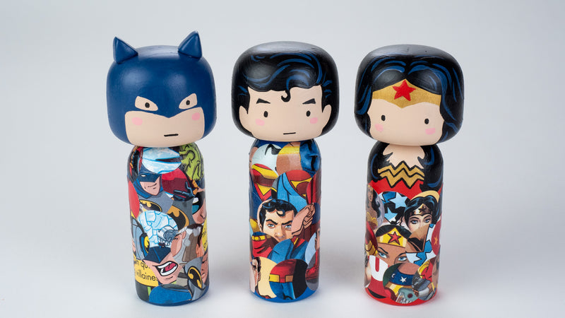 Introducing our new upcycled superhero Kokeshi dolls!  These Kokeshi are made using used comics or books and are carefully hand-painted to match the character and theme of the books.  We spark the joy back of used books and upcycle it to something that is unique and personalized.  They are all truly one of a kind.