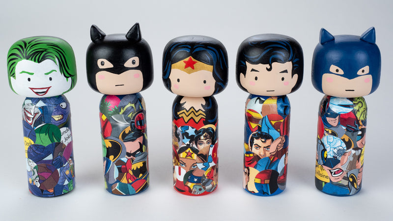 Introducing our new upcycled superhero Kokeshi dolls!  These Kokeshi are made using used comics or books and are carefully hand-painted to match the character and theme of the books.  We spark the joy back of used books and upcycle it to something that is unique and personalized.  They are all truly one of a kind.