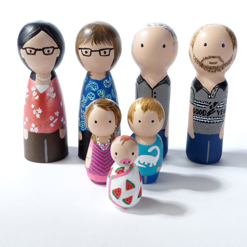 Give something unique and personalized.  Custom peg dolls of your family!  They are hand-painted that show the uniqueness of each individual in your family.  This will definitely touch the heart and bring smiles, may be even happy tears to your family.   These are great for parent's gifts, grandparent’s gifts, birthdays, anniversary gifts, couples’ gifts, or any other occasions.