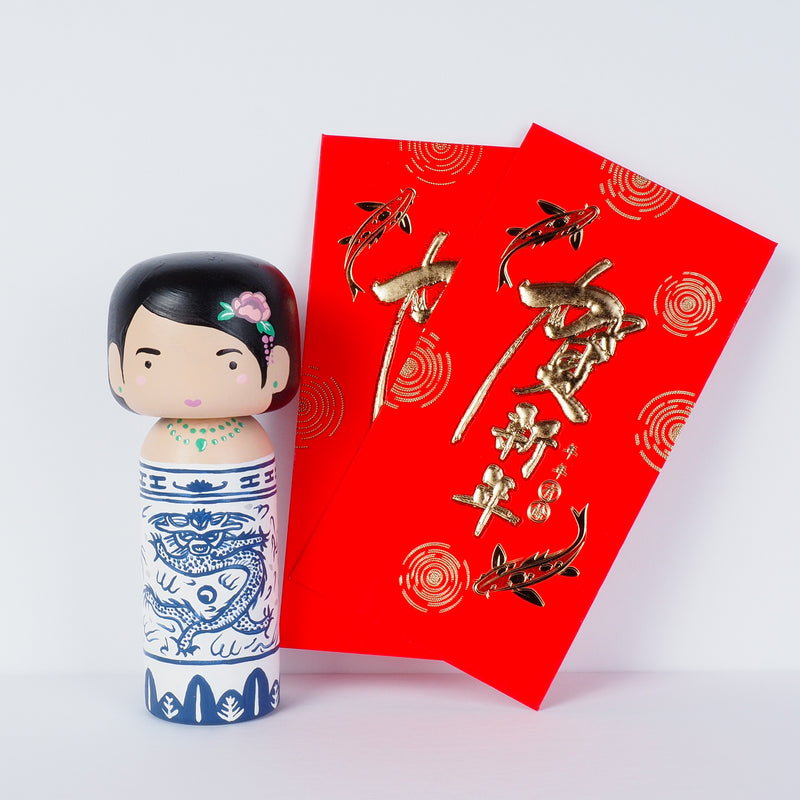East Meets West Kokeshi - Asian Culture - Traditional White and Blue Rice bowl