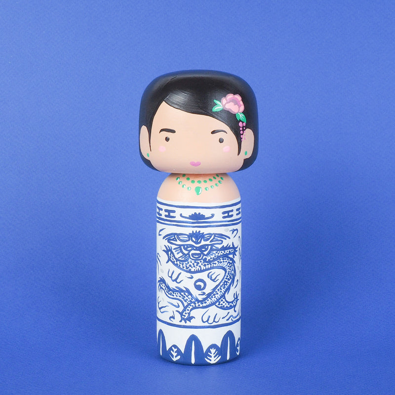East Meets West Kokeshi - Asian Culture - Traditional White and Blue Rice bowl
