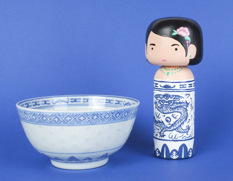 East Meets West Kokeshi - Asian Culture - Traditional White and Blue Rice bowl