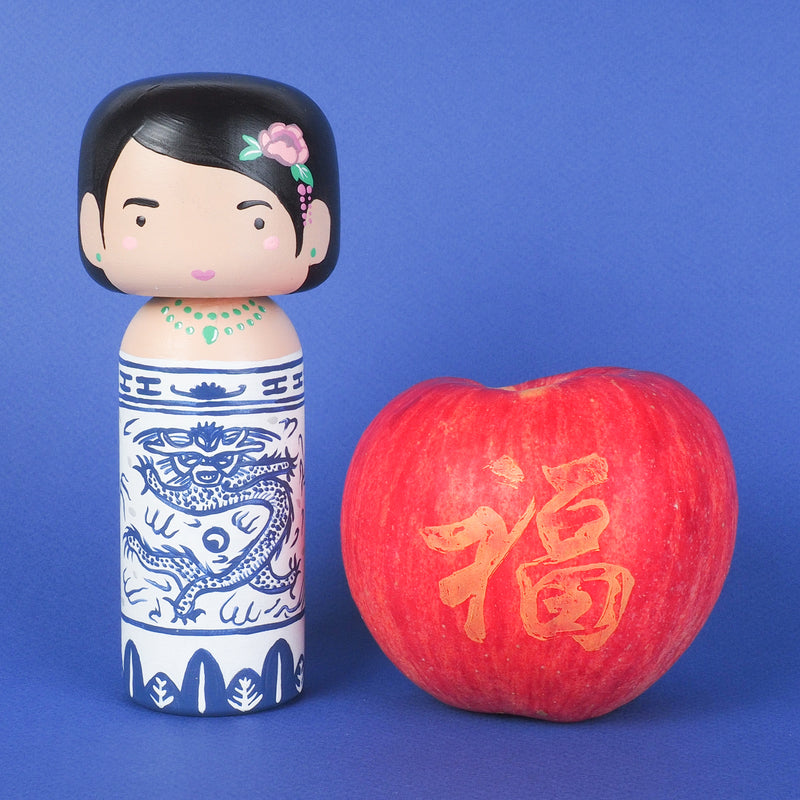 East Meets West Kokeshi - Asian Culture - Traditional White and Blue Rice bowl