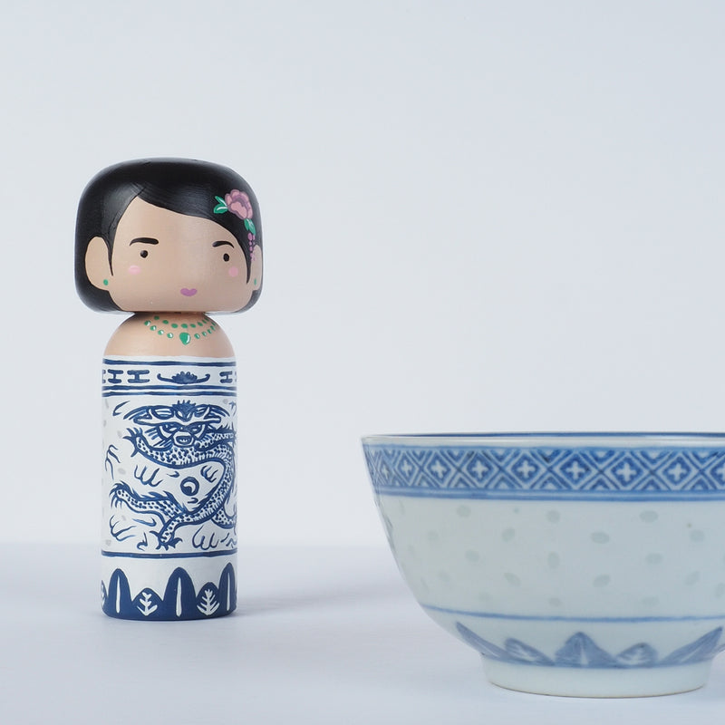 East Meets West Kokeshi - Asian Culture - Traditional White and Blue Rice bowl