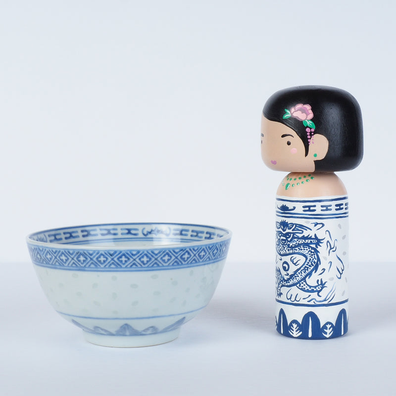 East Meets West Kokeshi - Asian Culture - Traditional White and Blue Rice bowl