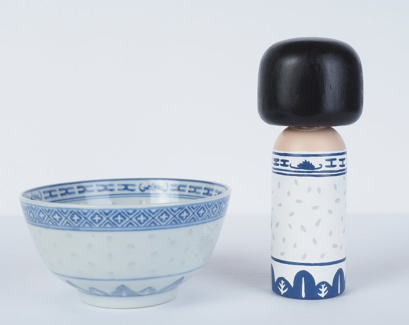East Meets West Kokeshi - Asian Culture - Traditional White and Blue Rice bowl