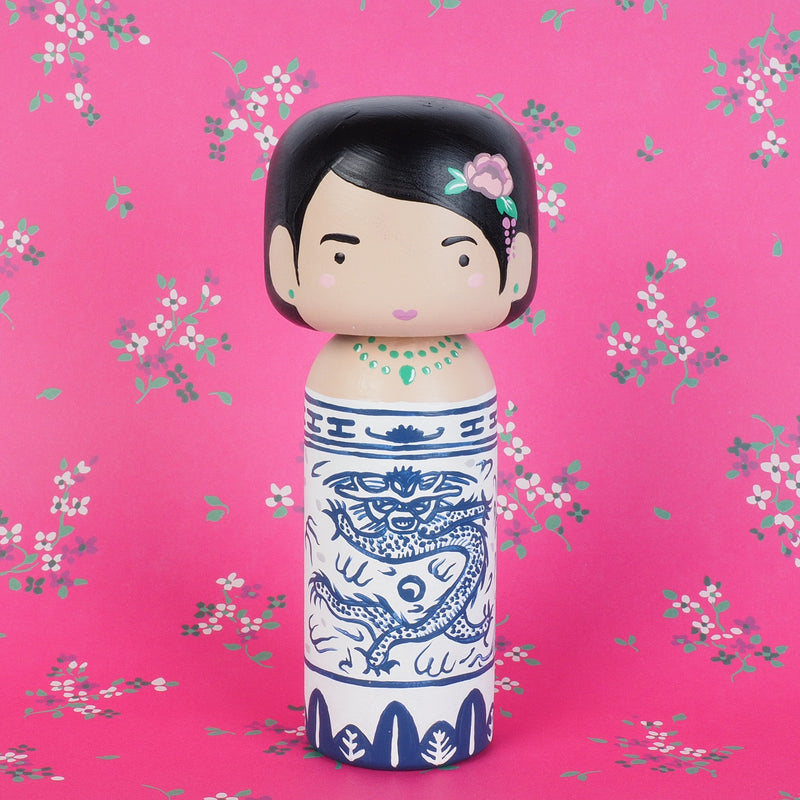 East Meets West Kokeshi - Asian Culture - Traditional White and Blue Rice bowl