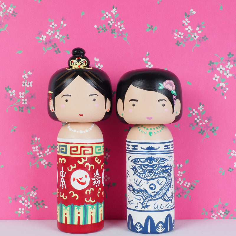 East Meets West Kokeshi - Asian Culture - Traditional White and Blue Rice bowl