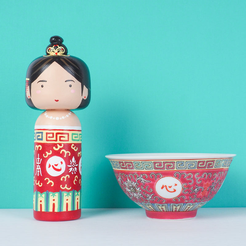East Meets West Kokeshi - Asian Culture - Traditional Red Rice bowl