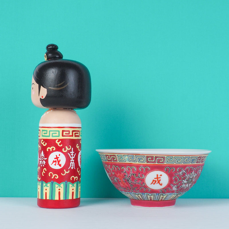 East Meets West Kokeshi - Asian Culture - Traditional Red Rice bowl