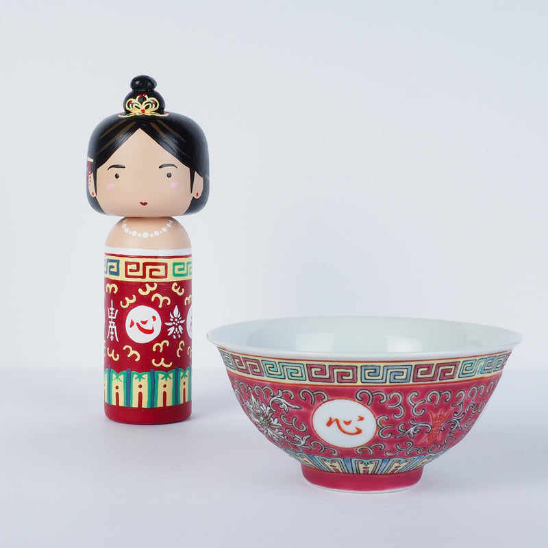 East Meets West Kokeshi - Asian Culture - Traditional Red Rice bowl