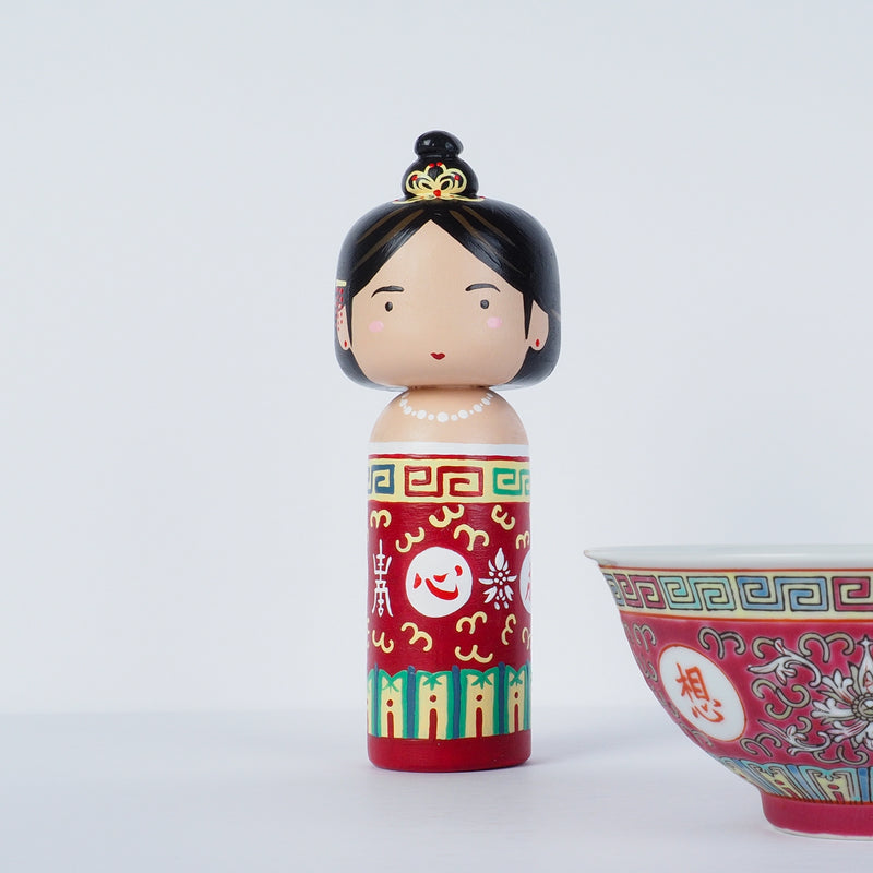 East Meets West Kokeshi - Asian Culture - Traditional Red Rice bowl