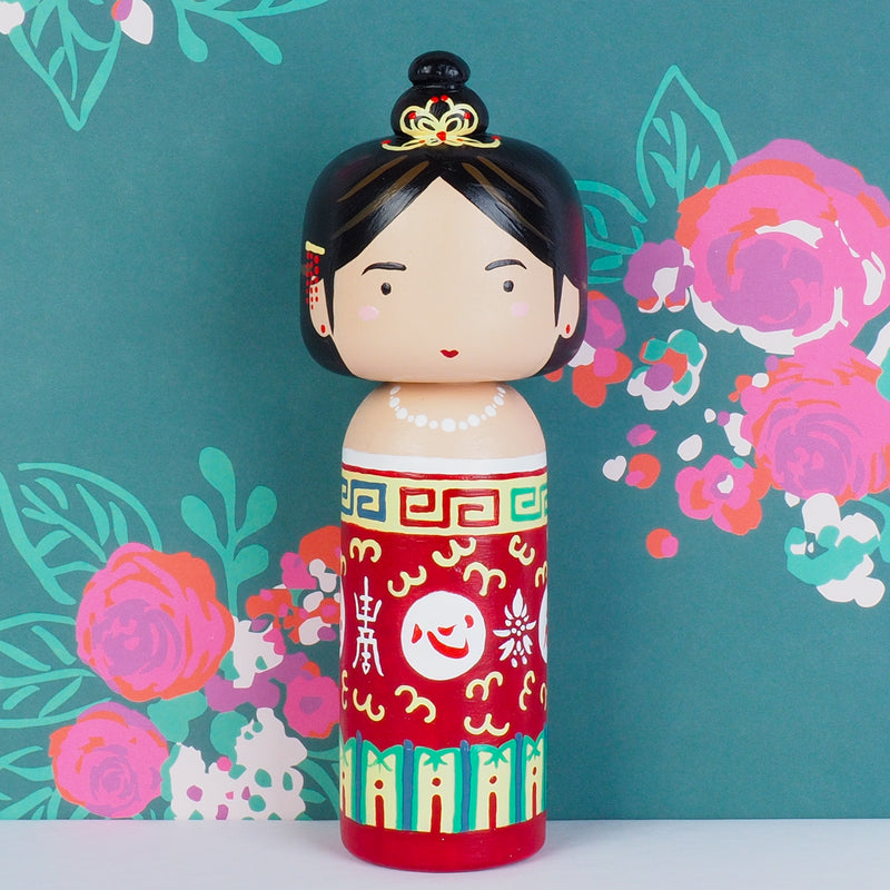 East Meets West Kokeshi - Asian Culture - Traditional Red Rice bowl