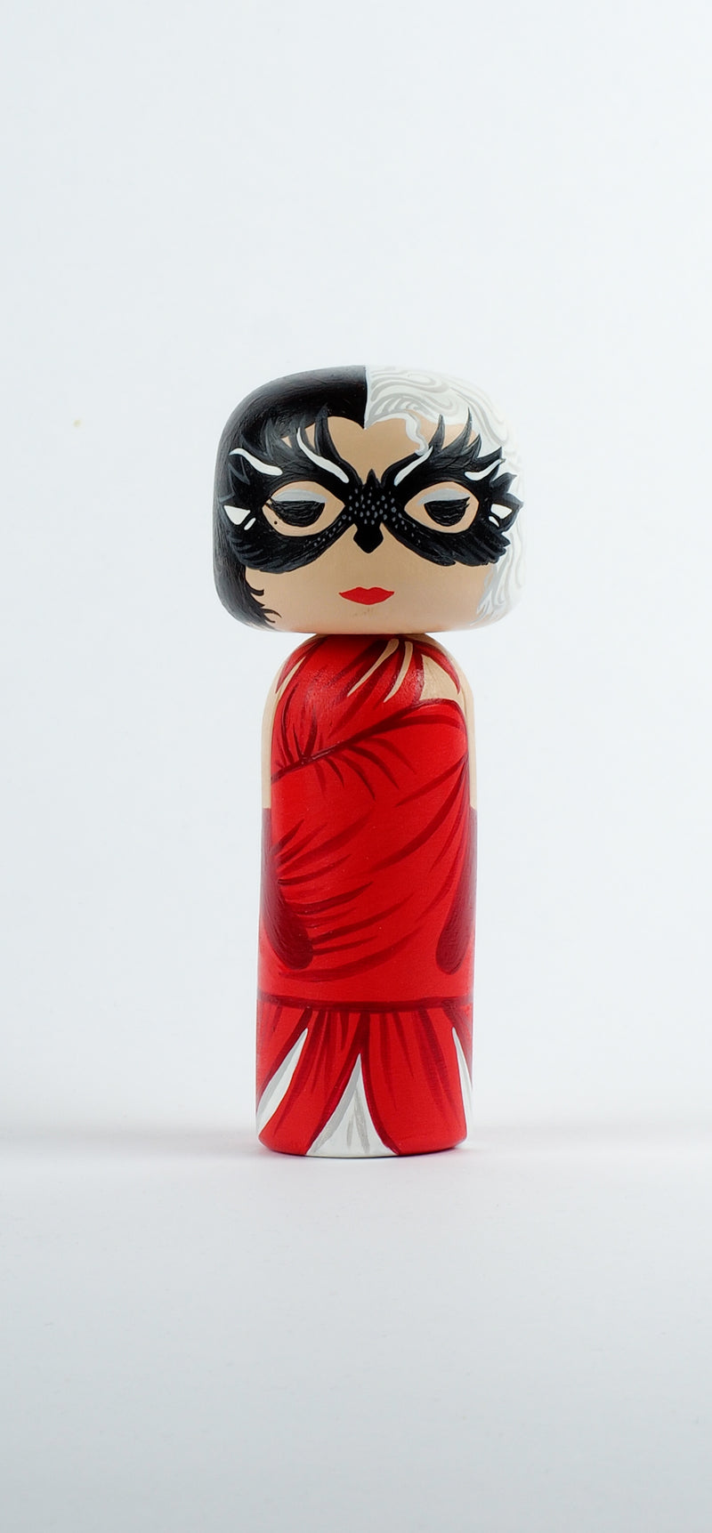 Cruella - Hand-painted custom Kokeshi dolls!  Give something unique and personalized.  Customize your family, friends, favourite Movies and TV shows characters, or celebrity on Kokeshi dolls!  They are hand-painted with love that show the uniqueness of each individual. 