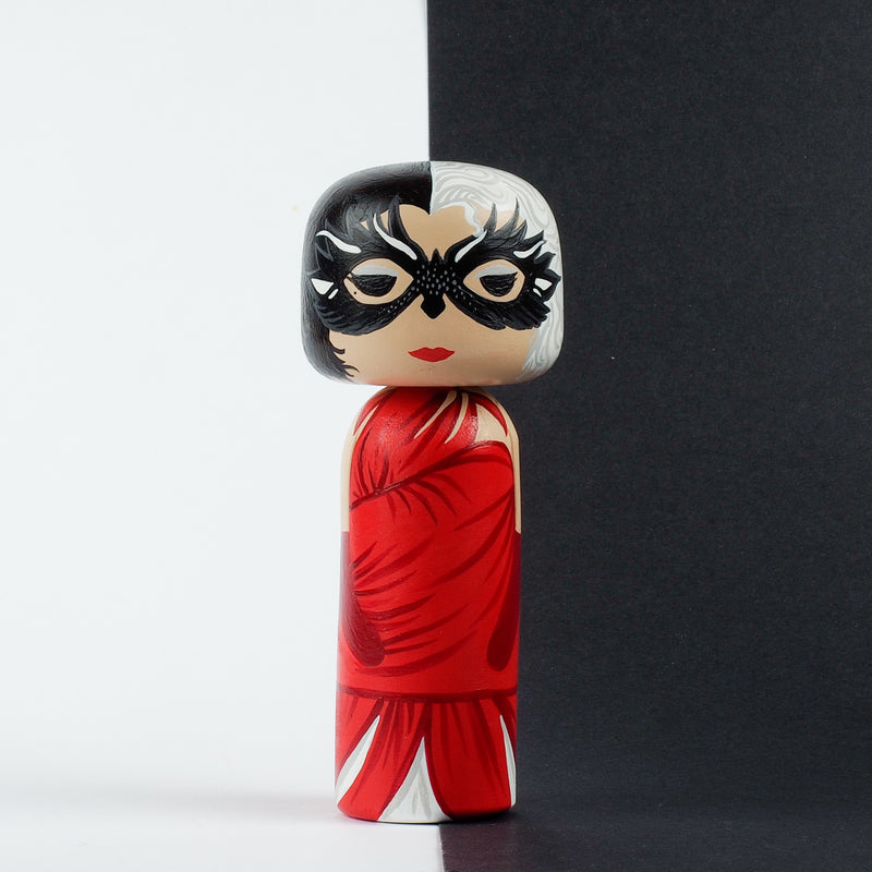 Cruella - Hand-painted custom Kokeshi dolls!  Give something unique and personalized.  Customize your family, friends, favourite Movies and TV shows characters, or celebrity on Kokeshi dolls!  They are hand-painted with love that show the uniqueness of each individual. 