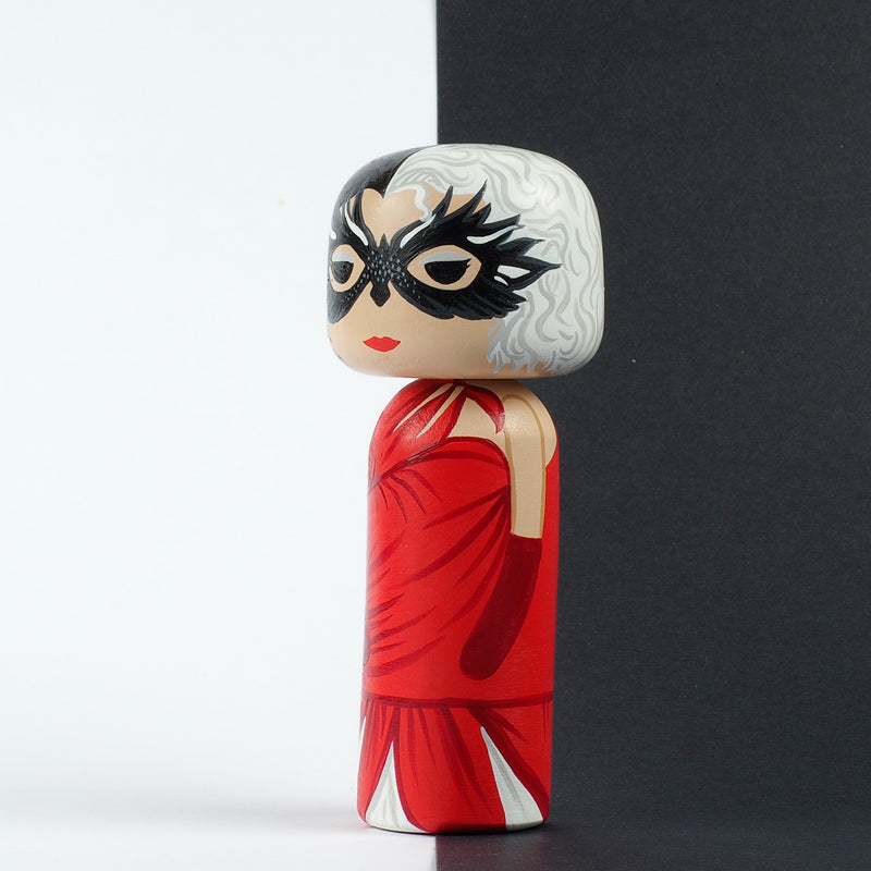 Cruella - Hand-painted custom Kokeshi dolls!  Give something unique and personalized.  Customize your family, friends, favourite Movies and TV shows characters, or celebrity on Kokeshi dolls!  They are hand-painted with love that show the uniqueness of each individual. 