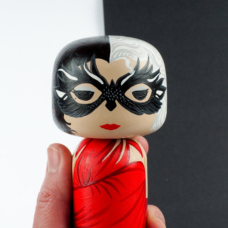 Cruella - Hand-painted custom Kokeshi dolls!  Give something unique and personalized.  Customize your family, friends, favourite Movies and TV shows characters, or celebrity on Kokeshi dolls!  They are hand-painted with love that show the uniqueness of each individual. 