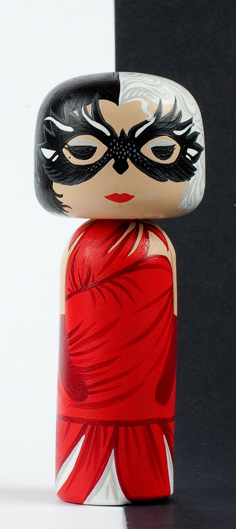 Cruella - Hand-painted custom Kokeshi dolls!  Give something unique and personalized.  Customize your family, friends, favourite Movies and TV shows characters, or celebrity on Kokeshi dolls!  They are hand-painted with love that show the uniqueness of each individual. 