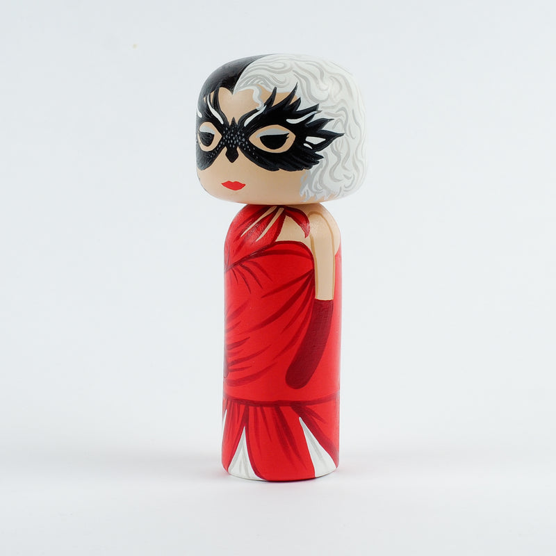 Cruella - Hand-painted custom Kokeshi dolls!  Give something unique and personalized.  Customize your family, friends, favourite Movies and TV shows characters, or celebrity on Kokeshi dolls!  They are hand-painted with love that show the uniqueness of each individual. 