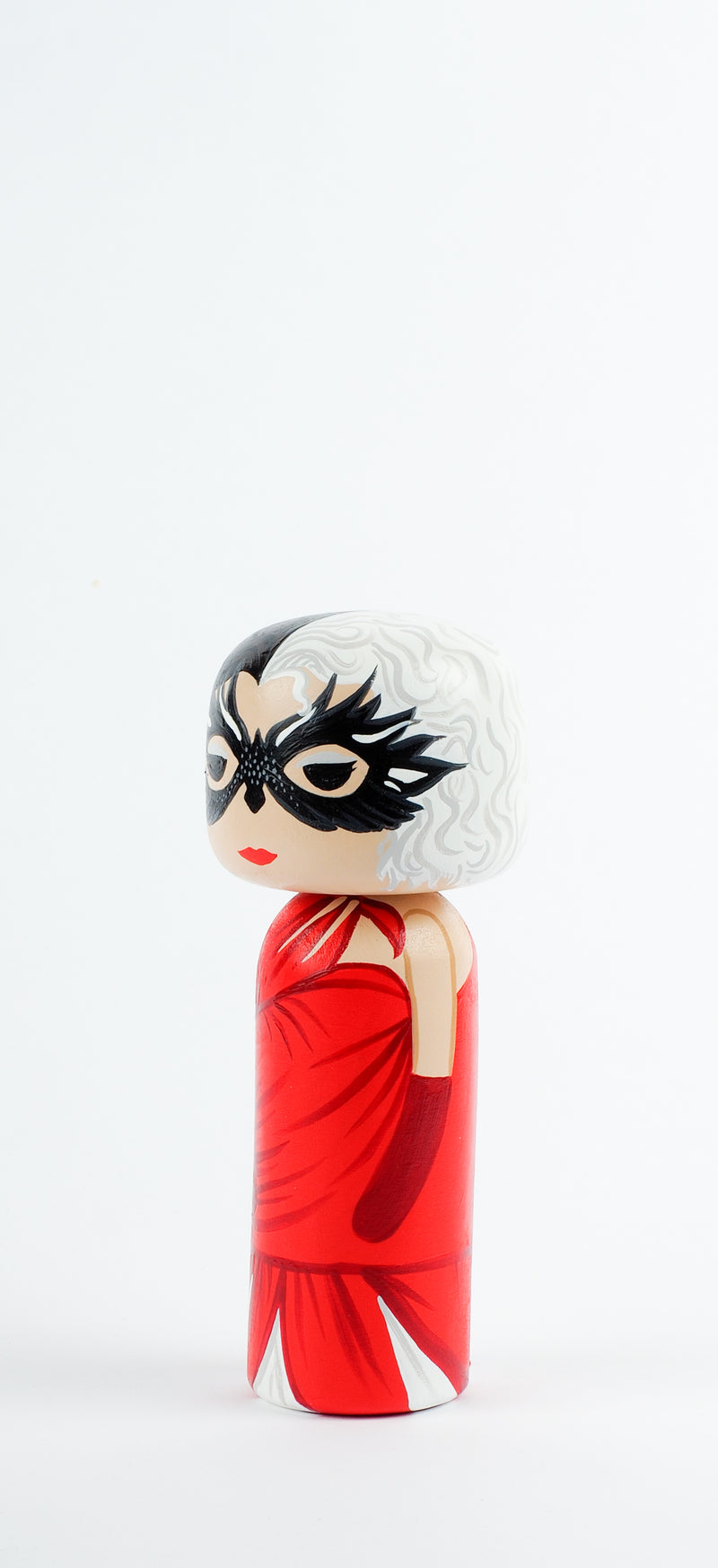 Cruella - Hand-painted custom Kokeshi dolls!  Give something unique and personalized.  Customize your family, friends, favourite Movies and TV shows characters, or celebrity on Kokeshi dolls!  They are hand-painted with love that show the uniqueness of each individual. 