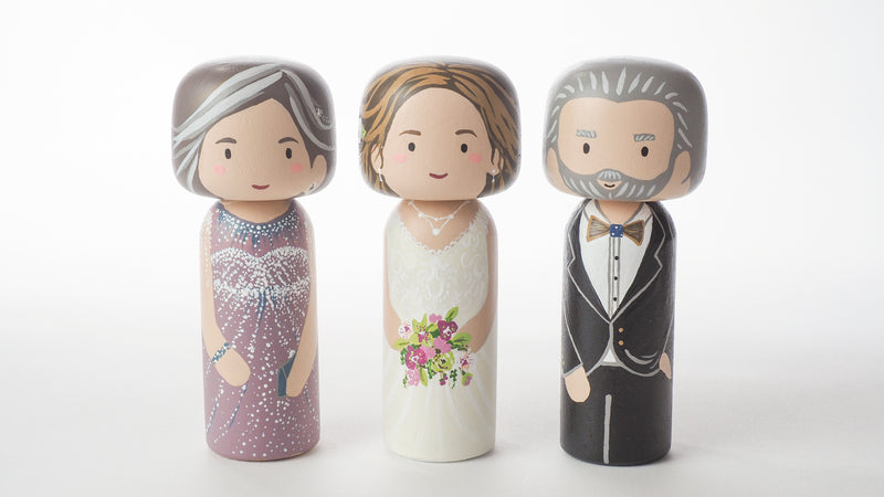 Customized Parents of the Bride wedding Kokeshi dolls, Peg Dolls! Parents of the Bride, they as important as the Bride on the BIG day. Congratulations to all the Brides' parents. These cute Kokeshi dolls show the unique sides of bride and parents of the bride. A great touch of personality to your wedding. What a great keepsake it would be!