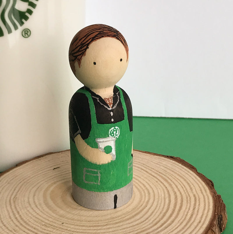 Occupational gift - Barista Peg dolls. Give something unique and personalized.  Custom peg dolls of your family, friends, or colleagues!  They are hand-painted that show the uniqueness of each individual with their hobbies or occupations.  This will definitely touch the heart and bring smiles.  These are great for birthdays, anniversary, parent's gifts, grandparent’s gifts, retirement, graduations, communion, colleague’s going away gift, or any other occasions.
