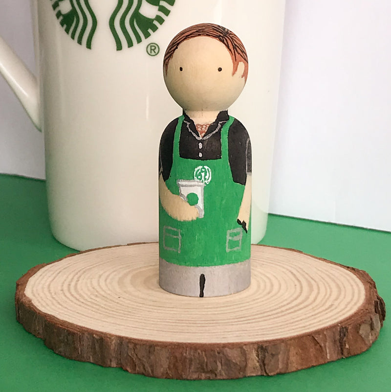 Occupational gift - Barista Peg dolls. Give something unique and personalized.  Custom peg dolls of your family, friends, or colleagues!  They are hand-painted that show the uniqueness of each individual with their hobbies or occupations.  This will definitely touch the heart and bring smiles.  These are great for birthdays, anniversary, parent's gifts, grandparent’s gifts, retirement, graduations, communion, colleague’s going away gift, or any other occasions.