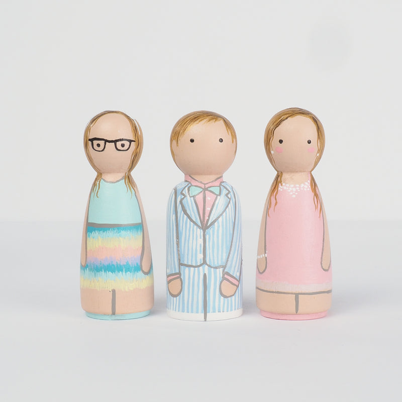 Give something unique and personalized.  Custom peg dolls of your family!  They are hand-painted that show the uniqueness of each individual in your family.  This will definitely touch the heart and bring smiles, may be even happy tears to your family.   These are great for Mother's Day gift, parent's gifts, grandparent’s gifts, birthdays, anniversary gifts, couples’ gifts, or any other occasions.