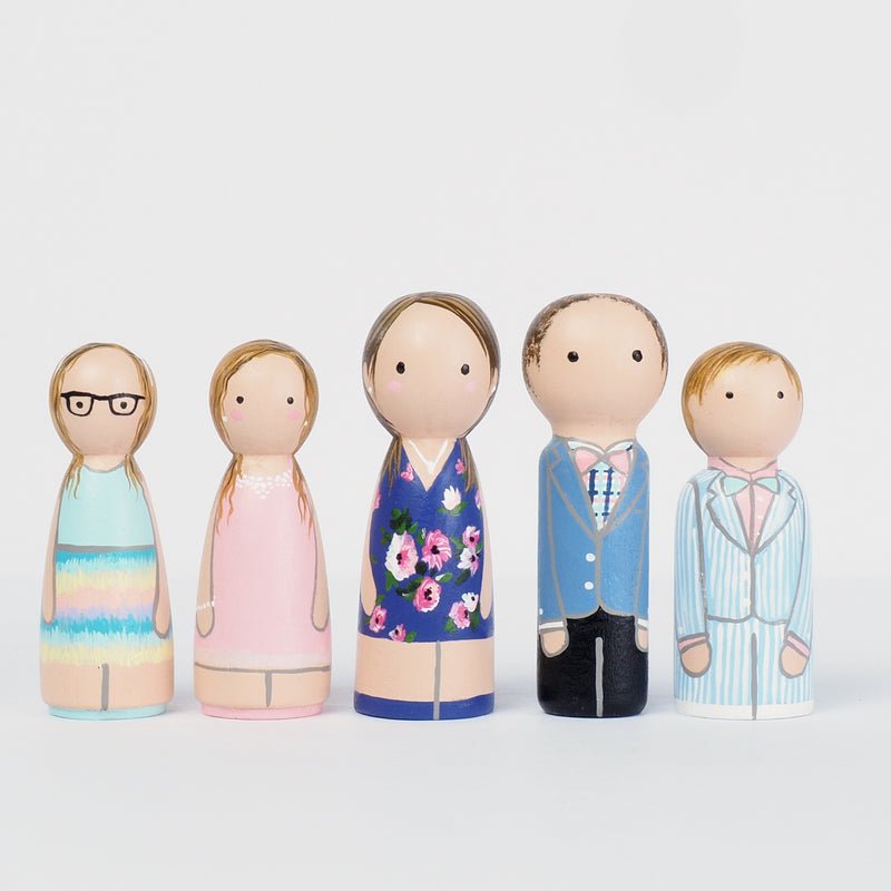 Give something unique and personalized.  Custom peg dolls of your family!  They are hand-painted that show the uniqueness of each individual in your family.  This will definitely touch the heart and bring smiles, may be even happy tears to your family.   These are great for Mother's Day gift, parent's gifts, grandparent’s gifts, birthdays, anniversary gifts, couples’ gifts, or any other occasions.