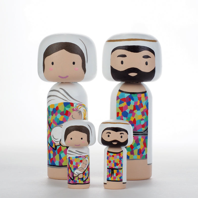 Jesus is the gift!  Christmas is all about Him.  To honour this special season, I am pleased to introduce this nativity set to celebrate the birth of Jesus.  This tiny nativity set include Baby Jesus with Mary, Joseph.  The colourful attires of Mary and Joseph are inspired by the beautiful stained glass of churches.  The 2 tiny Kokeshi dolls (Baby Jesus with Mary and Joseph) are 6cm or approximately 2.4" tall, they are less than half of the sizes of our large Kokeshi dolls.  