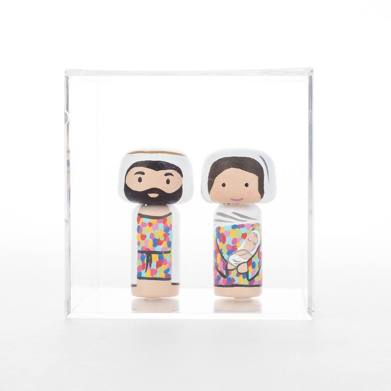 Jesus is the gift!  Christmas is all about Him.  To honour this special season, I am pleased to introduce this nativity set to celebrate the birth of Jesus.  This tiny nativity set include Baby Jesus with Mary, Joseph.  The colourful attires of Mary and Joseph are inspired by the beautiful stained glass of churches.  The 2 tiny Kokeshi dolls (Baby Jesus with Mary and Joseph) are 6cm or approximately 2.4" tall, they are less than half of the sizes of our large Kokeshi dolls.  