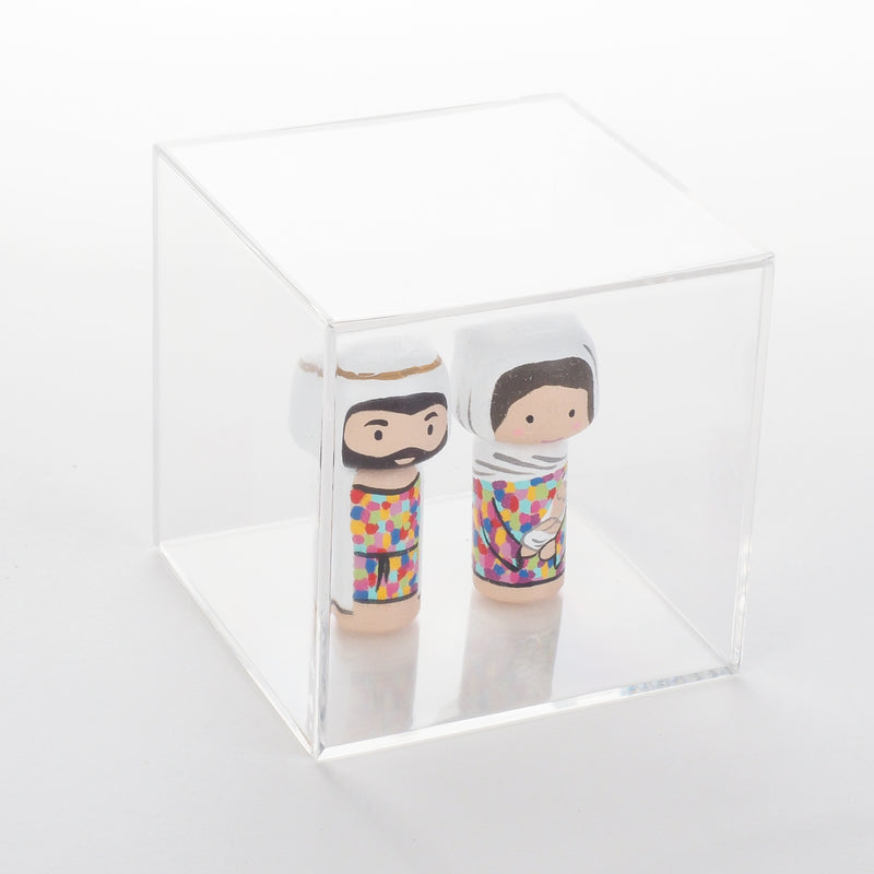 Jesus is the gift!  Christmas is all about Him.  To honour this special season, I am pleased to introduce this nativity set to celebrate the birth of Jesus.  This tiny nativity set include Baby Jesus with Mary, Joseph.  The colourful attires of Mary and Joseph are inspired by the beautiful stained glass of churches.  The 2 tiny Kokeshi dolls (Baby Jesus with Mary and Joseph) are 6cm or approximately 2.4" tall, they are less than half of the sizes of our large Kokeshi dolls.  