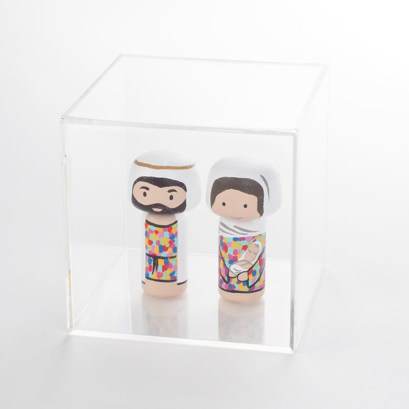 Jesus is the gift!  Christmas is all about Him.  To honour this special season, I am pleased to introduce this nativity set to celebrate the birth of Jesus.  This tiny nativity set include Baby Jesus with Mary, Joseph.  The colourful attires of Mary and Joseph are inspired by the beautiful stained glass of churches.  The 2 tiny Kokeshi dolls (Baby Jesus with Mary and Joseph) are 6cm or approximately 2.4" tall, they are less than half of the sizes of our large Kokeshi dolls.  