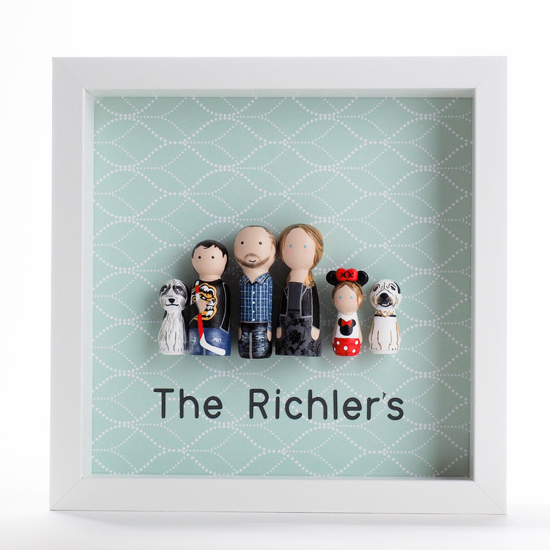 Give something unique and personalized.  Custom peg dolls of your family!  They are hand-painted that show the uniqueness of each individual in your family.  This will definitely touch the heart and bring smiles, may be even happy tears to your family.   These are great for Christmas gifts, parent's gifts, grandparent’s gifts, birthdays, anniversary gifts, couples’ gifts, or any other occasions.