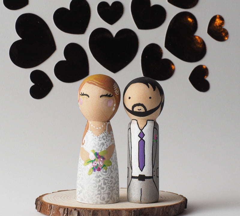 Customized wedding cake topper!  These cute peg dolls show the unique sides of you and your partner.  A great touch of personality to your wedding.  They will WOW your guests.  Also, what a great keepsake it would be!  These are also great for anniversary gifts, couples’ gifts, bridal showers, or any other occasions.