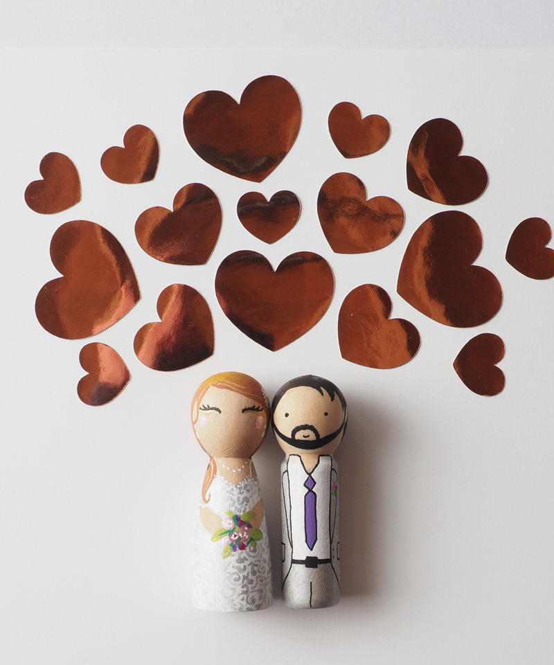 Customized wedding cake topper!  These cute peg dolls show the unique sides of you and your partner.  A great touch of personality to your wedding.  They will WOW your guests.  Also, what a great keepsake it would be!  These are also great for anniversary gifts, couples’ gifts, bridal showers, or any other occasions.