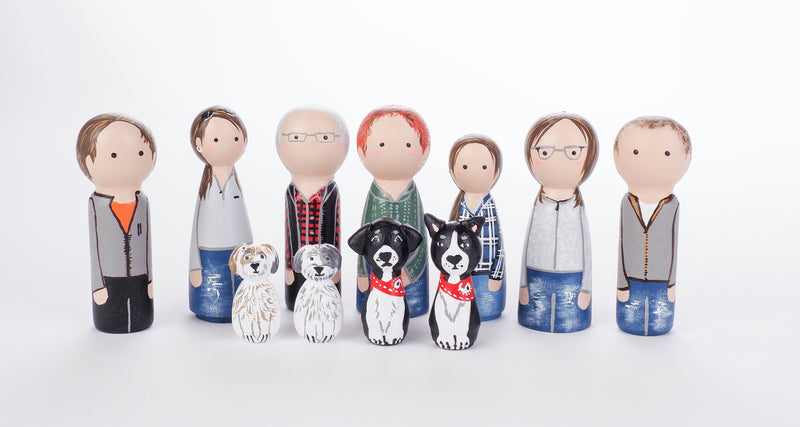 Give something unique and personalized.  Custom peg dolls of your family!  They are hand-painted that show the uniqueness of each individual in your family.  This will definitely touch the heart and bring smiles, may be even happy tears to your family.   These are great for Christmas gifts, parent's gifts, grandparent’s gifts, birthdays, anniversary gifts, couples’ gifts, or any other occasions.