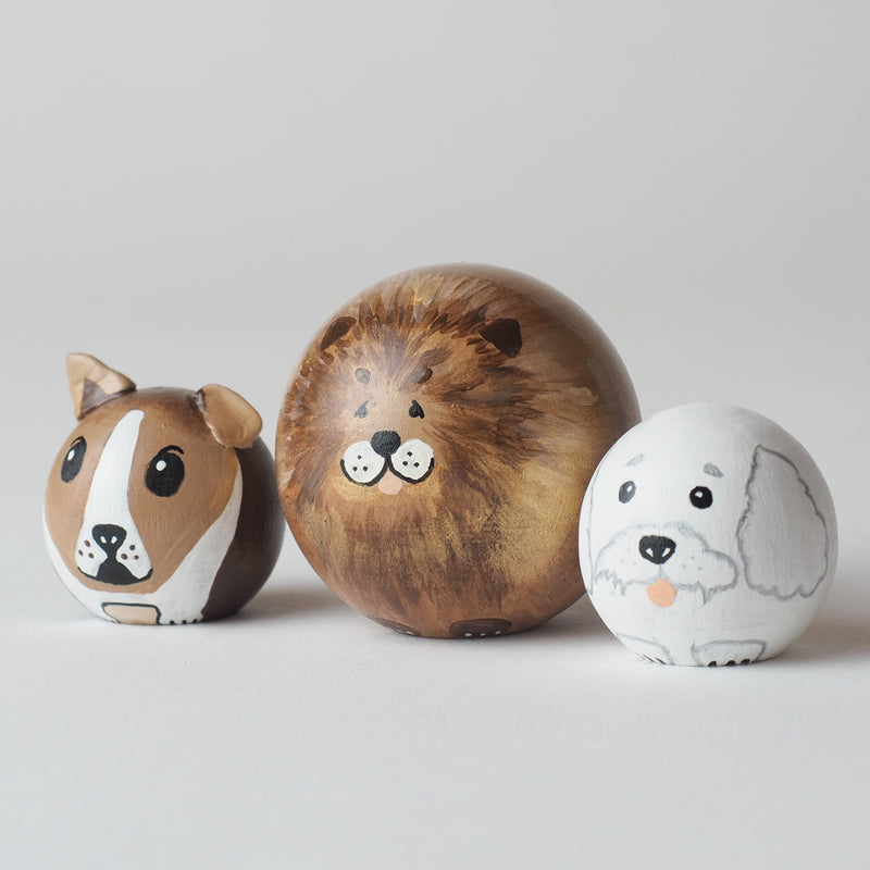 Dog Peg Dolls – Unique pet portrait for pet owners.  Custom dog portrait on a wooden peg doll!  The pet peg doll is hand-painted that show the uniqueness of the pet.  What a unique gift for pet owners or for yourself.  Perfect and unique gift for dog lovers!  It is also a great gift for pet memorials.  It will touch the heart.