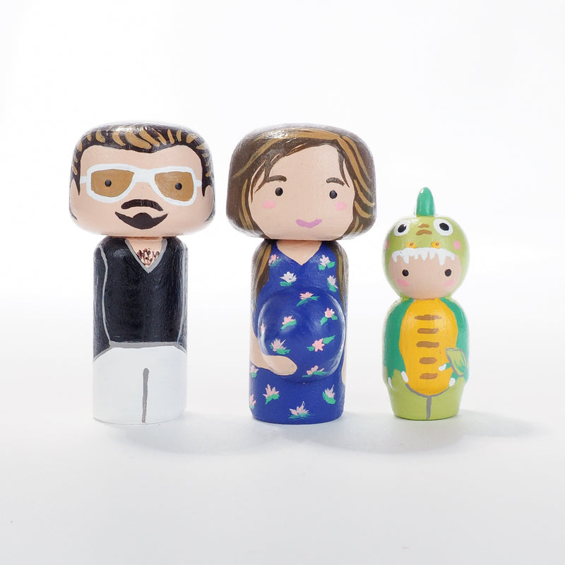 Family Portrait on Mini wooden dolls - Custom Kokeshi doll with city landscape