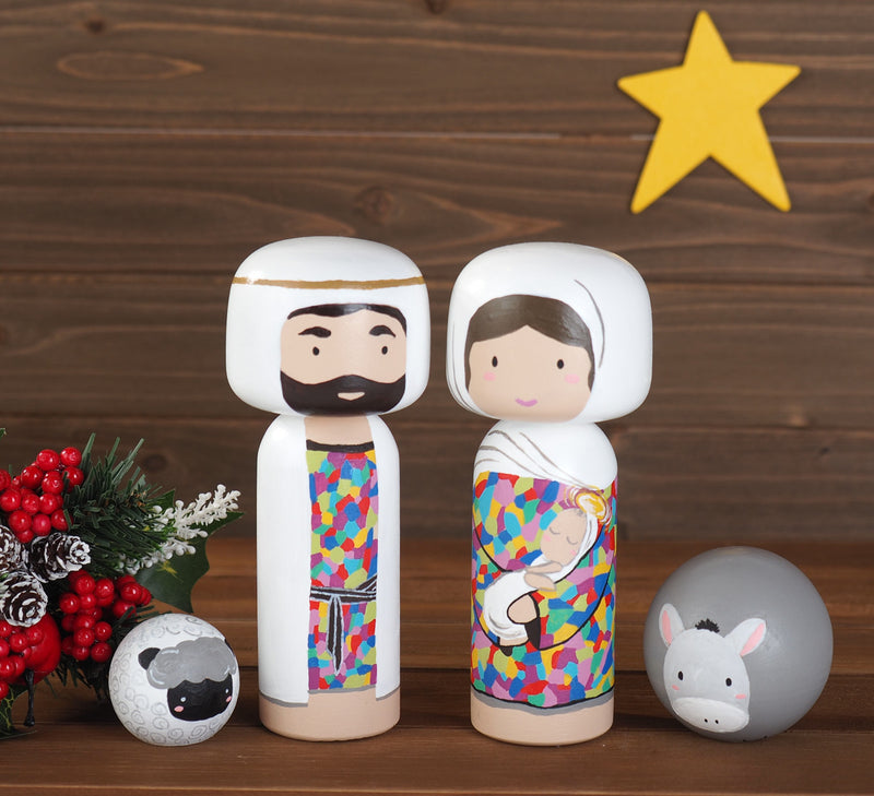 Nativity set to celebrate the birth of Jesus.  This nativity set include Baby Jesus with Mary, Joseph, a donkey, and a sheep. 